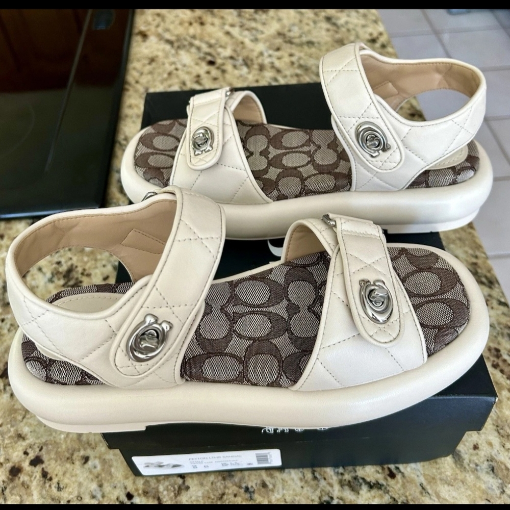 Coach Peyton Double Buckle Flatform sandals Chalk Leather SZ 8 B - Picture 10 of 12